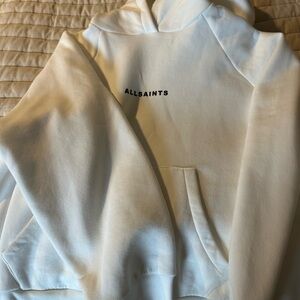 All Saints Oversized White Pullover Hoodie with Black Logo Print